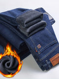 kkboxly  Warm Fleece Straight Leg Jeans For Business, Men's Casual Stretch Thick Denim Pants For Fall Winter