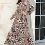 kkboxly  Floral Print Tie Waist Long Sleeve Dress, Crew Neck Casual Dress For Summer & Spring, Women's Clothing