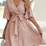 kkboxly  Allover Print Belted V Neck Dress, Casual Short Sleeve Dress For Spring & Summer, Women's Clothing