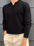 kkboxly  Solid Color Retro Chic Knit Shirt, Men's Casual Lapel High Stretch V-Neck Pullover Sweater For Spring Fall