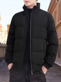 kkboxly  Men's Solid Padded Jacket, Men Casual Padded Coat Windbreaker Zipper Pocket Stand Collar For Men Winter