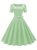 kkboxly  Polka Dot Bow Front Dress, Vintage Elegant Square Neck Short Sleeve Dress, Women's Clothing