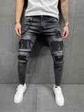 Slim Fit Ripped Cotton Jeans, Men's Casual Street Style Paint Splatter Chain Decor Distressed Mid Stretch Denim Pants For Spring Summer
