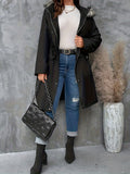 kkboxly  Plus Size Casual Winter Coat, Women's Plus Solid Long Sleeve Drawstring Fuzzy Trim Hooded Zip Up Snap Buttons Tunic Parka Coat With Pockets