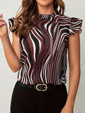 kkboxlyCasual Allover Print Ruffle Trim Blouse, Mock Neck Short Sleeve Blouse For Spring & Summer, Women's Clothing