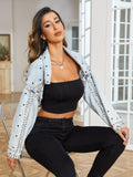 Blue Studded Decor Denim Jackets, Long Sleeves Non-Stretch Lapel Cropped Denim Coats, Women's Denim Clothing