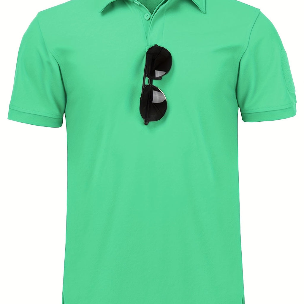 kkboxly  Men's Solid Polo Shirt, Athleisure Moisture Wicking Slightly Stretch Button Up Short Sleeve Clothing For Golf Sports Summer