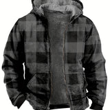 Printed Warm Fleece Coat, Men's Casual Hooded Warm Thick Jacket For Fall Winter