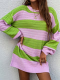 kkboxly  Striped Color Block Crew Neck Dress, Elegant Long Sleeve Drop Shoulder Loose Dress, Women's Clothing