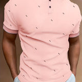 kkboxly  Dot Pattern Stripe Collar Casual Slightly Stretch Button Up Short Sleeve Polo Shirt, Men's POLO For Summer