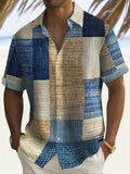kkboxly  Retro Carpet Texture Geometric Pattern Men's Casual Short Sleeve Lapel Shirt, Summer Outdoor