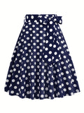 kkboxly  Polka Dot Print Pleated Skirts, Vintage Bow Flare Skirts For Spring & Summer, Women's Clothing