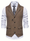 kkboxly  Men's Herringbone Tweed Vest Notched Lapel Single Breasted Sleeveless Vest Jacket