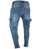 kkboxly  Slim Fit Flap Pocket Cargo Jeans, Men's Casual Solid Color Slightly Stretch Multi Pocket Denim Pants For Spring Summer