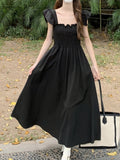 kkboxly  Solid Square Neck Dress, Elegant Ruffle Sleeve Shirred Dress For Spring & Summer, Women's Clothing