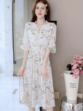 kkboxly  Plants Print Bow Tie Dress, Elegant Short Sleeve Pleated Dress, Women's Clothing