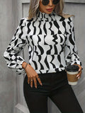 kkboxlyAll Over Print Blouse, Elegant Long Sleeve Mock Neck Blouse, Women's Clothing