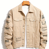 kkboxly  Men's Letter Print Denim Jacket, Casual Street Style Denim Jacket