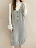 kkboxly  Solid Button Decor V Neck Knitted Dress, Elegant Sleeveless Tank Dress For Fall & Winter, Women's Clothing