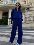 kkboxly  Casual Solid Two-piece Set, Zipper Front Long Sleeve Top & Slant Pocket Wide Leg Pants Outfits, Women's Clothing