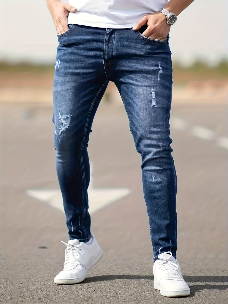kkboxly  Chic Skinny Ripped Jeans, Men's Casual Street Style Medium Stretch Jeans