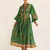 kkboxly  Peacock Print V Neck Dress, Elegant Lantern Sleeve Belted Dress, Women's Clothing