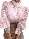 kkboxly  Women's Blouse Lace Puff Sleeve Lantern Sleeve Solid Pleated Women Blouse