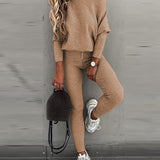 kkboxly Casual Solid Sports Two-piece Set, With Slanted Shoulder Long Sleeve Hoodies & Tied Striped Pants Set, Women's Clothing