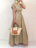 kkboxly  Solid Short Sleeve Dress, Casual Crew Neck High Waist Simple Maxi Dress, Women's Clothing