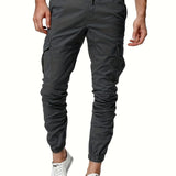 Solid Color, Men's Drawstring Cargo Pants, Flap Pocket Trendy Jogger Pants, Mens Work Pants