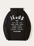 kkboxly  Men's Jesus Is My Everything Print Hoodie With Assorted Colors, Casual Slightly Stretch Drawstring Long Sleeves Hooded Sweatshirt, Men's Clothing