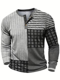 kkboxly  Vintage Color Block Pattern Men's Casual Long Sleeve Round Neck Henley Shirt, Spring Fall Outdoor