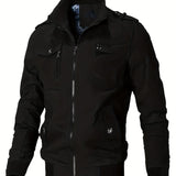 realaiot  Men's Stylish Solid Jacket With Pockets, Casual Breathable Stand Collar Zip Up Long Sleeve Top For City Walk Street Hanging Outdoor Activities