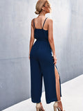 kkboxly  Boho Split Wide Leg Cami Jumpsuit, Sexy V-neck Backless Belted Jumpsuit, Women's Clothing