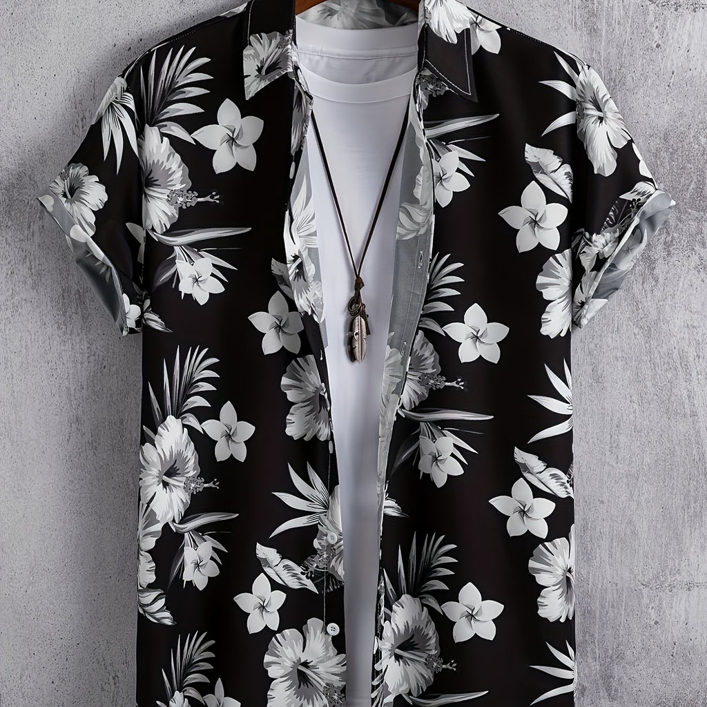 kkboxly  Men's Short Sleeve Casual Shirt With Trendy Flower Print