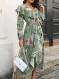 kkboxly  Bohemian Floral Print Belted Dress, Elegant V Neck Long Sleeve Dress, Casual Every Day Dress, Women's Clothing