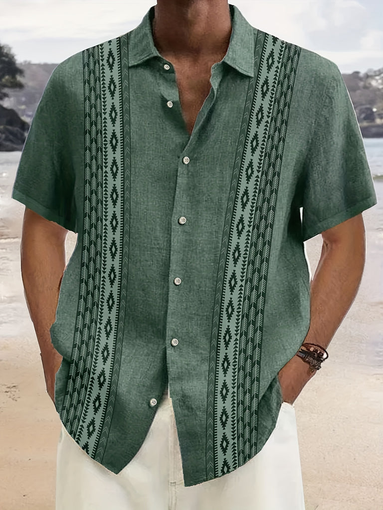 kkboxly  Vintage Geometric Ethnic Pattern Button Down Shirt for Plus Size Men - Perfect for Hawaiian Summer Parties and Holidays