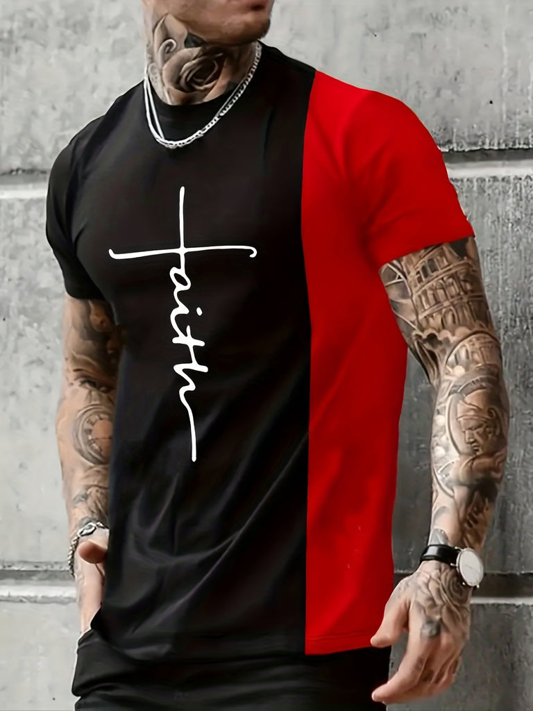 kkboxly  Men's Faith Print Color Block T-Shirt - Stretchy Graphic Tee for Summer Casual Style