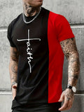 2025 kkboxly  Men's Faith Print Color Block T-Shirt - Stretchy Graphic Tee for Summer Casual Style