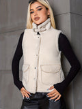 kkboxly  Button Front Sleeveless Plush Jacket, Casual Dual Pockets Jacket For Fall & Winter, Women's Clothing