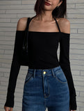 kkboxly  Halter Neck Solid T-Shirt, Casual Long Sleeve Top For Spring, Women's Clothing