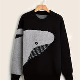 kkboxly  Cartoon Whale Print, Loose Fit Warm Sweater, Men's Casual Retro Style Slightly Stretch Crew Neck Pullover Sweater For Fall Winter