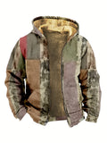 Printed Warm Fleece Coat, Men's Casual Hooded Warm Thick Jacket For Fall Winter