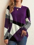 kkboxly  Color Block Geo Print T-shirt, Long Sleeve Crew Neck Casual Top For Spring & Fall, Women's Clothing