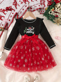 Long Sleeve MERRY CHRISTMAS Print Belted Mesh Dress for Girls, Festive Ruffle Spliced, Stylish & Cute, for Fall & Winter, as Christmas Gifts