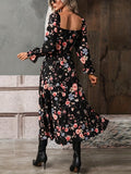 Floral Print Split Thigh Dress, Elegant Squared Neck Long Sleeve Dress, Women's Clothing