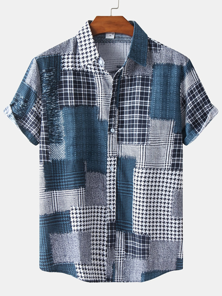kkboxly  Men's Check Panel Contrast Color Casual Linen Short Sleeve Shirt Best Sellers