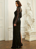 kkboxly  Sequined Mock Neck Bridesmaid Dress, Elegant Long Sleeve Split Dress For Party & Banquet, Women's Clothing