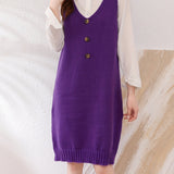 kkboxly  Solid Button Decor V Neck Knitted Dress, Elegant Sleeveless Tank Dress For Fall & Winter, Women's Clothing