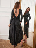 Backless Dipped Hem Dress, Elegant Long Sleeve Crew Neck Party Dress, Women's Clothing